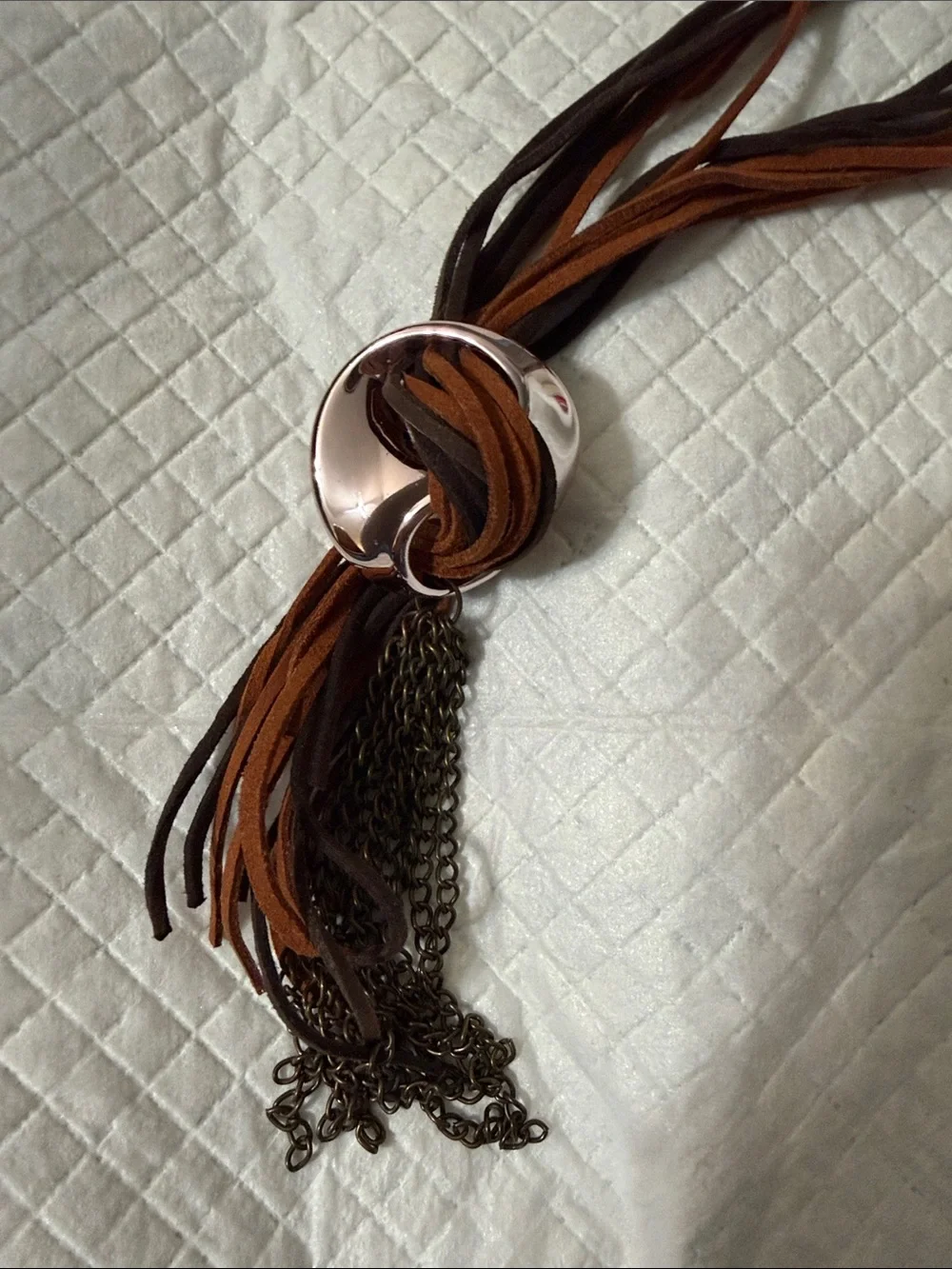 Multi-Strand Brown & Black Leather Necklace with Silver-Tone Pendant